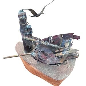 Copper Brass Shipwreck Sculpture Malted Wood Base Nautical Brutalist Signed MCM‎